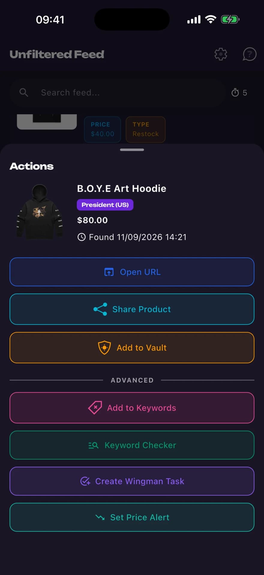 Actions sheet for a B.O.Y.E Art Hoodie from President (US), with Set Price Alert among the options