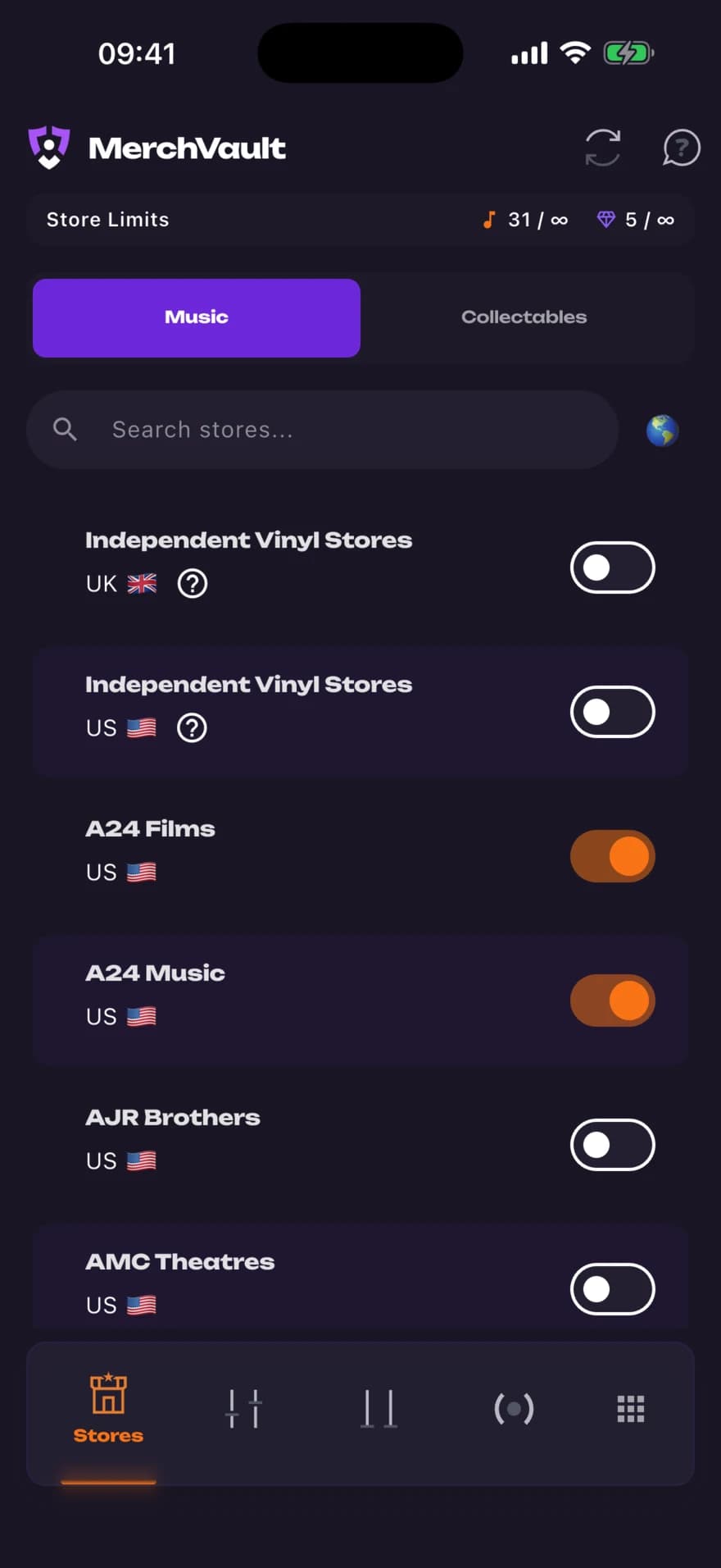 Stores tab filtered to Music, with toggles for stores including A24 Music and AJR Brothers