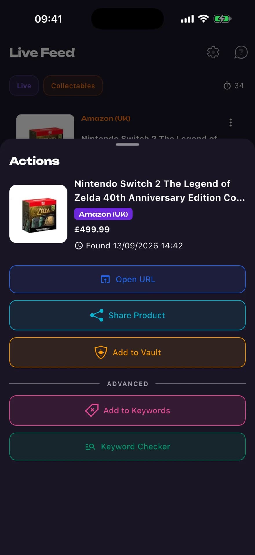 Actions sheet for a Nintendo Switch 2 Legend of Zelda 40th Anniversary Edition at Amazon (UK)