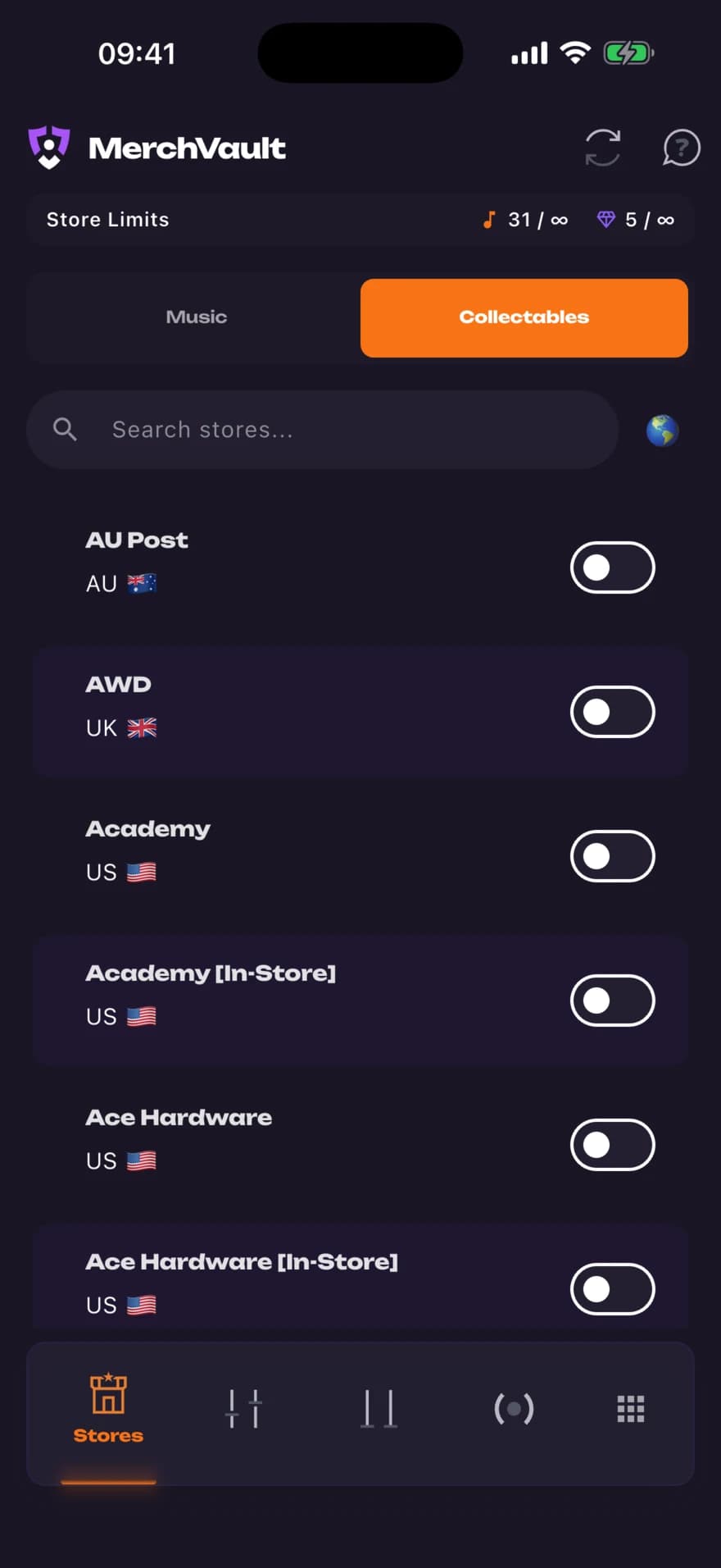 Stores tab filtered to Collectables, with toggles for stores including AWD and Academy